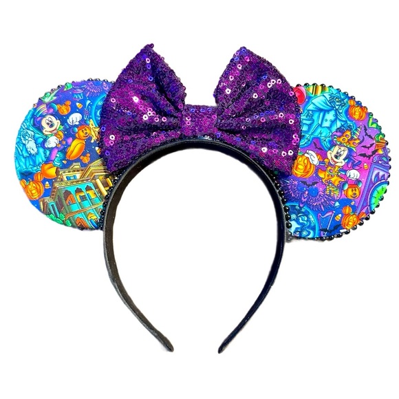 Women’s Handmade Disney Inspired Halloween Themed Purple Sequin Bow Mouse Ears - Picture 1 of 6